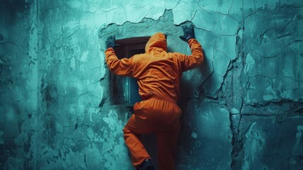 Sticker - Illustration of a man escaping from prison through a hole he made in an orange suit. concept escape,prison,man,freedom