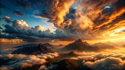 Wall Mural - Mountain Sunset Sky in Orange and Blue with Dramatic Clouds