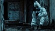 person with anti-radiation suit in an abandoned place alone with low light in high resolution