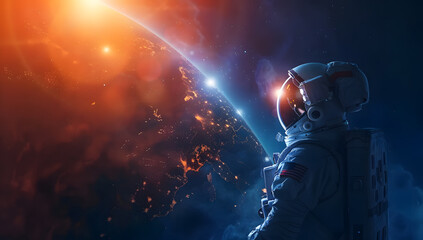 Wall Mural - An astronaut floats in outer space amidst a backdrop of stars, An astronaut in an American flag-themed space suit floating among stars