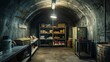 small underground bunker with food stored in boxes and water bottles, canned food