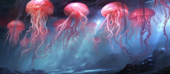 Poster - Multiple translucent jellyfish float gracefully in the calm water of a cave, illuminated by natural light filtering through the cave opening and complemented by a serene waterfall cascading in the