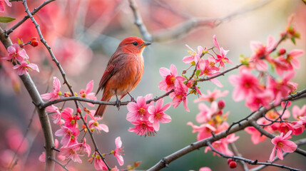 Wall Mural - Red bird on pink sakura blossom (Cherry blossom)