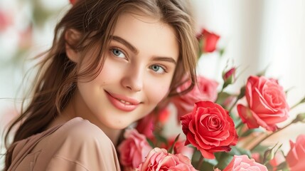 Aufkleber - A girl with a blissful expression holding a bouquet of roses  raw AI generated illustration