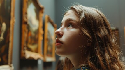 Aufkleber - A girl with a contemplative expression as she examines a painting in an art gallery  raw AI generated illustration