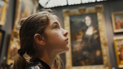 Aufkleber - A girl with a contemplative expression as she examines a painting in an art gallery  AI generated illustration
