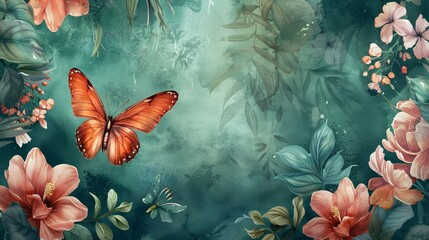 Poster - A serene scene with a watercolor butterfly floating gracefully among lush vibrant blooms  AI generated illustration