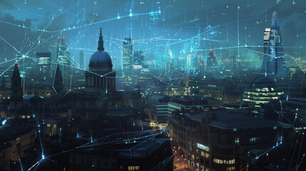 Aufkleber - A cityscape brought to life by the invisible web of   AI generated illustration