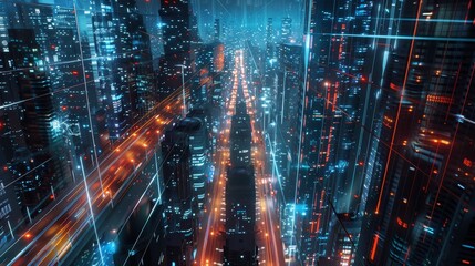 Aufkleber - A cityscape alive with the energy of data flowing be  AI generated illustration
