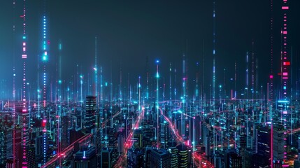 Aufkleber - A futuristic city skyline illuminated with digital d  AI generated illustration