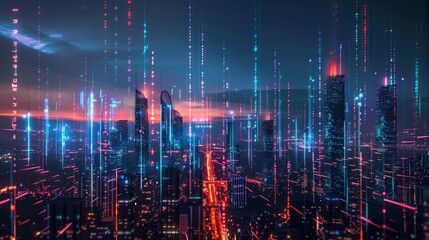 Aufkleber - A futuristic city skyline illuminated with digital d  AI generated illustration