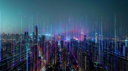 Aufkleber - A futuristic city skyline illuminated with digital d AI generated illustration