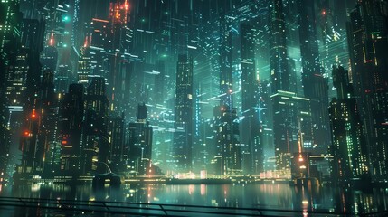 Aufkleber - A futuristic cityscape bathed in the glow of data co  AI generated illustration