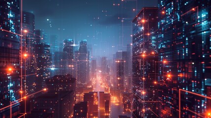 Aufkleber - A futuristic cityscape with buildings glowing with d AI generated illustration