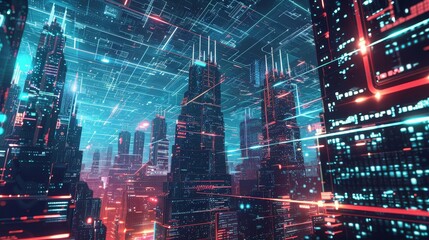 Aufkleber - A futuristic cityscape with buildings glowing with d  AI generated illustration