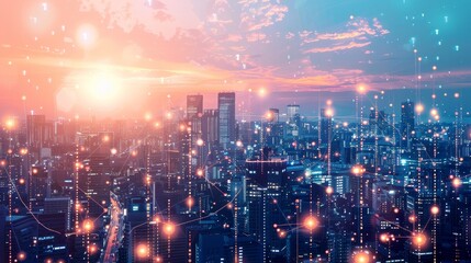 Aufkleber - A futuristic cityscape bathed in the glow of data co  AI generated illustration