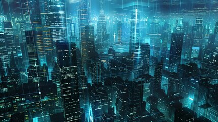 Aufkleber - A futuristic cityscape with buildings glowing with d  AI generated illustration