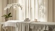 A chic and sophisticated podium adorned with plush white linens delicate orchids and subtle lighting perfect for pampering in a luxurious . .