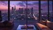 luxury apartment with a night view of the city at sunset in the United States in high resolution