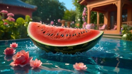 Wall Mural - water with fresh melons and watermelon slices, isolated on white background