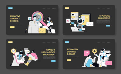 Poster - hr automation set. implementing predictive analytics in hiring, utilizing ai in recruitment, deployi