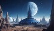 distant view of a large round indigo temple in the center of a futuristic community. Extraterrestrial landscape. Planet SIRIUS. The moon and stars can be seen in the sky even during the day.