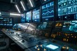 Futuristic control room with real-time data screens and advanced control panels for monitoring and technology innovation.