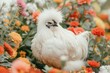 Fluffy white chicken stands proudly in a vibrant field of colorful flowers, showcasing the beauty of nature and harmony with animals.