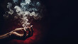 Smokey Seduction: Hand Holding Cigarette Releases Wisps of Smoke Against a Bold Red Background