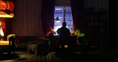 Wall Mural - Romantic Ambiance: Realistic Dollhouse Living Room at Night, Elegant Furniture, Soft Glow from Window, Handcrafted Artwork on Table. Selective focus