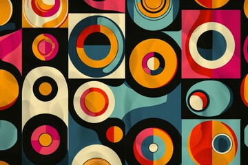 Wall Mural - A colorful abstract pattern of circles and squares. Risograph effect, trendy riso style