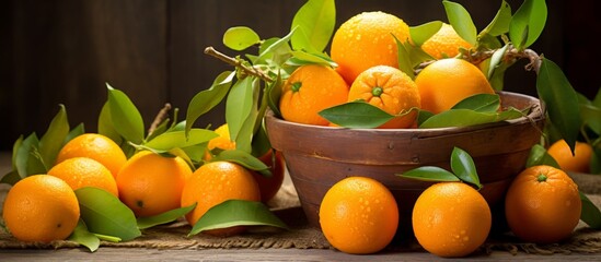 Wall Mural - Numerous ripe oranges are placed inside a rustic wooden bowl resting on a sturdy table surface, creating a vibrant and healthy display