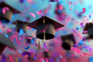 Wall Mural - A graduation cap is suspended in the air with confetti falling around it