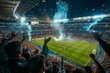 A soccer stadium full of people watching a game. Football fans celebrate victory