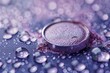 Round purple eyeshadow compact with shimmering water droplets on a vibrant purple background, isolated makeup product for beauty and fashion concepts