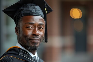 Wall Mural - A man wearing a black cap and gown is smiling for the camera