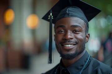 Wall Mural - A young man wearing black graduation cap and gown is smiling