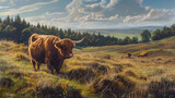 Fototapeta  - Highland cattle grazing peacefully in a grassy