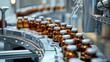 Pharmaceutical production line with amber glass bottles filled with pills on a conveyor belt in a modern factory.