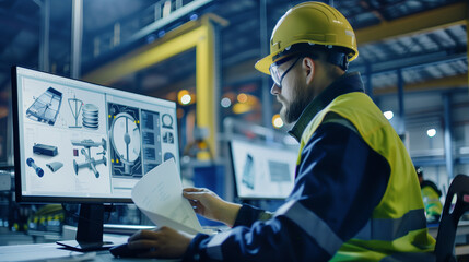 A man in a yellow safety vest is working on a computer monitor with a piece of paper in front of him. He is wearing a hard hat and he is focused on his work