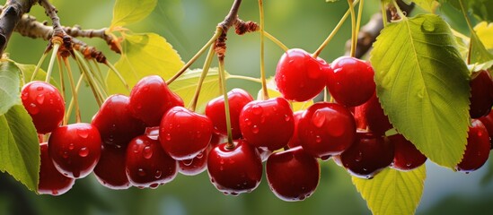 Wall Mural - A close-up view of a cluster of ripe cherries hanging from the branches of a tree, showcasing their vibrant colors