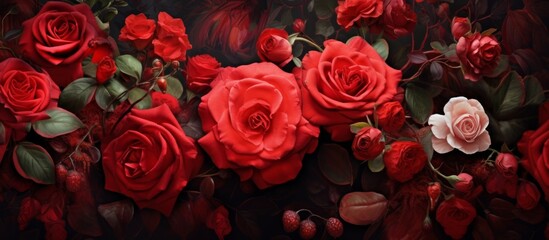 Canvas Print - Vibrant red roses with lush green leaves captured in a close-up shot, showcasing their natural beauty and exquisite details