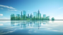 Abstract Design Background, A Blue Sky And Green Landscape, Featuring Three Glass Skyscrapers On The Horizon. Reflections In Water. Technology, Innovation. For Design, Background, Cover, Poster, PPT