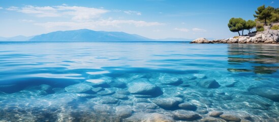 The serene image captures a stunning vista of a tranquil blue ocean complemented by rugged rocks and lush trees along the shore