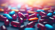 Healthcare and medical, pharmacy and medicine, antidepressant and vitamin concept. Group of 3d pills and medicine capsules flying. Close-up of painkillers in motion dynamics