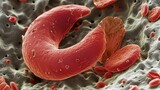 Fototapeta  - A giant irregularlyshaped sickle cell vastly different from the smooth circular red cells surrounding it. This mutated cell can cause