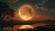 A massive glowing supermoon rising over a peaceful landscape casting an ethereal glow over the surroundings. . .