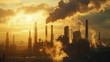 silhouette of polluting factories, power plants and industrial buildings emitting dense smoke from their chimneys, at sunset with golden light for an anti-pollution banner
