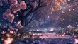 A fantasy spring night, blossoms glowing under moonlight, pastel petals scattered, in a dreamy botanical garden