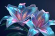 3D metallic lily flowers, shimmering with realistic textures, soft backlight, closeup, vibrant against a dark background ,clean sharp